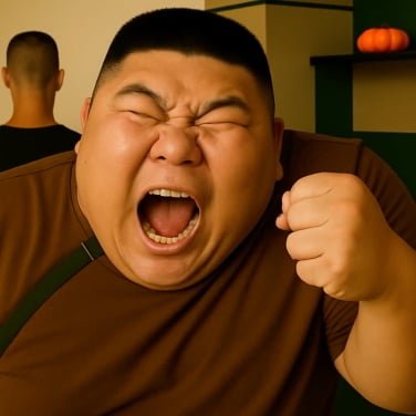 An AI-generated image of a man in a burgundy shirt, fist clenched next to his face, screaming with his eyes closed, as if with passion or anger